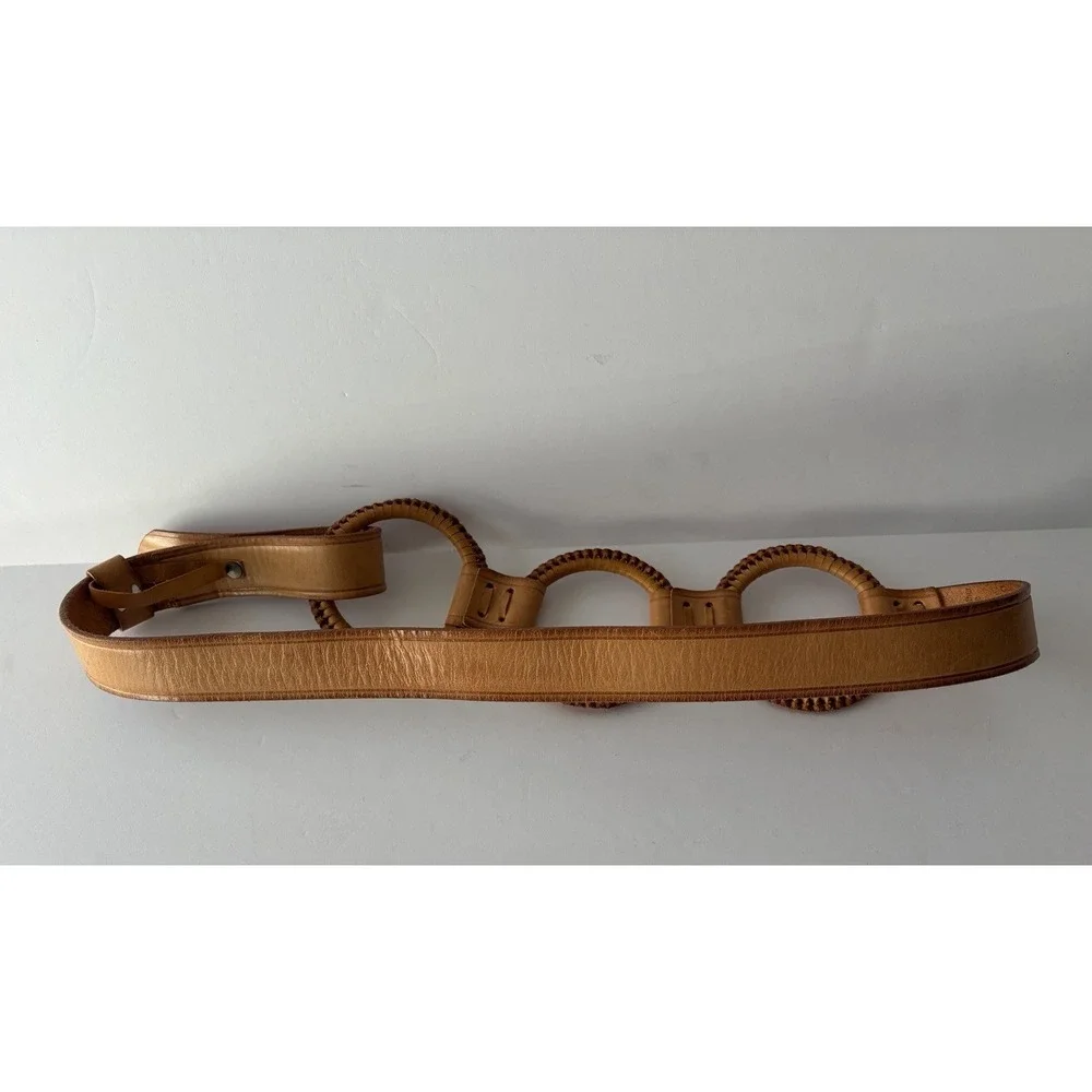 Linea Pelle Leather Triple Ring Belt Tan Woven Leather Sz M BOHO Festival‎